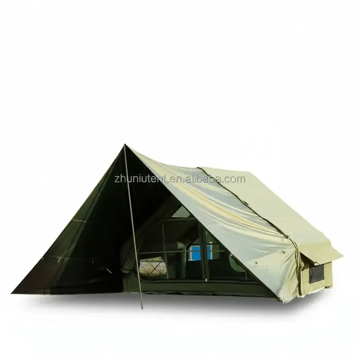 Tente de camping gonflable, tente pneumatique en toile de coton technique de 12,6 m² avec auvent étendu, tente de glamping imperméable et anti-UV