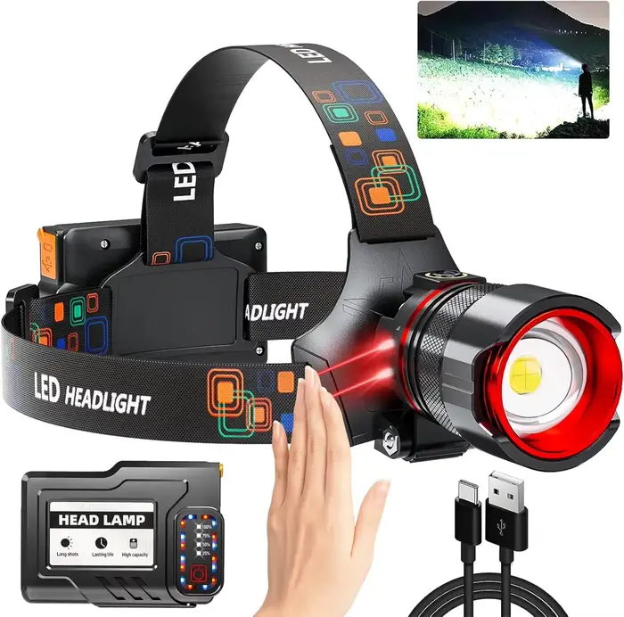 Lampe frontale ultra-lumineuse de 1 000 000 lumens - Détecteur de mouvement, zoom et rechargeable, 1