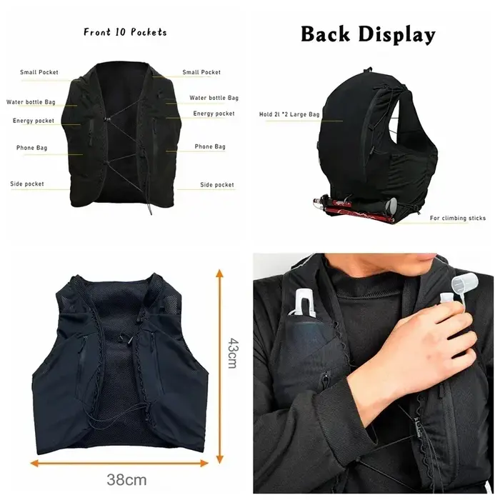 (S-2XL) sac à dos de course de sentier 10L sac de gilet d'hydratation Ultra léger pour Trekking en plein air randonnée cyclisme Marathon