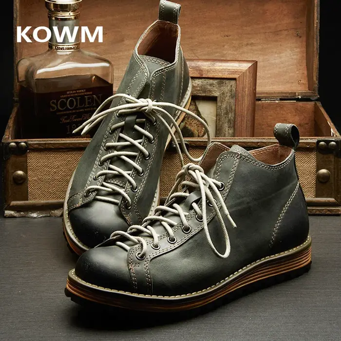 KOWM chaussures de randonnée bottes de marche pour hommes britanniques à semelles épaisses en peau de vache