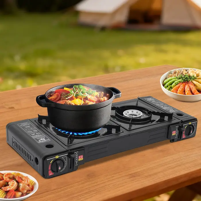 Réchaud de camping portable à 2 brûleurs, réchaud à gaz butane/GPL à allumage automatique de 2,5 kW 