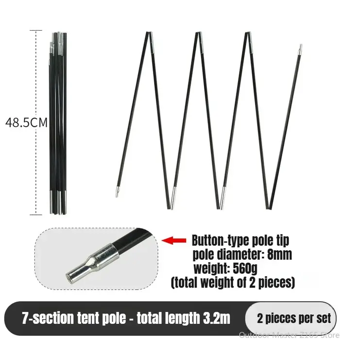 2 poteaux de tente pliables en fibre de verre durables, pièces de rechange de 8 mm de diamètre pour