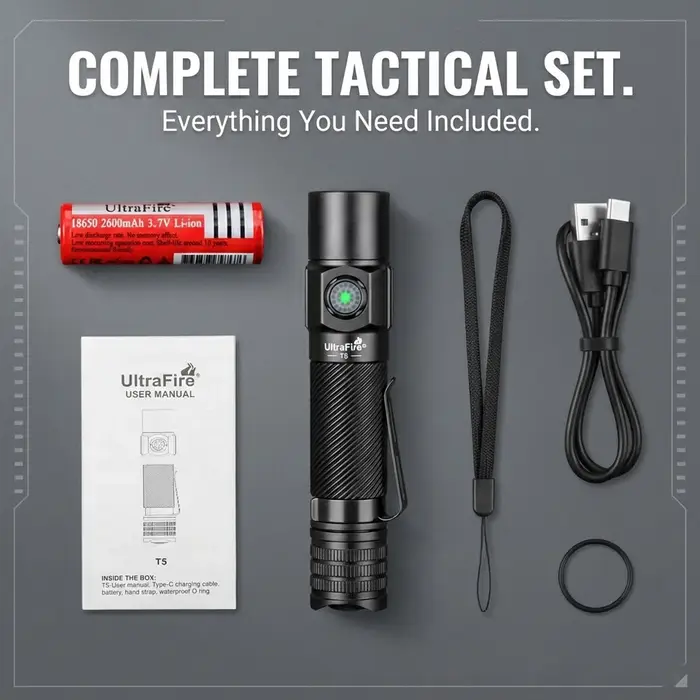 UltraFire T5 Lampe Torche Tactique 1800 Lumens Double Interrupteur LED USB-C Rechargeable IP68 Polic