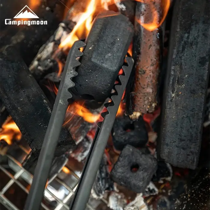 CAMPINGMOON BKMS-41 Pince à charbon multifonctionnelle en acier inoxydable avec poignée en bois massif anti-brûlure pour barbecue