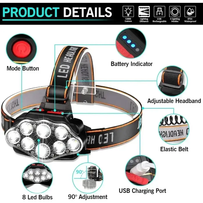 8LED puissante lampe de poche Rechargeable pour la pêche phare LED Camping phares chasse torche randonnée lanternes avant