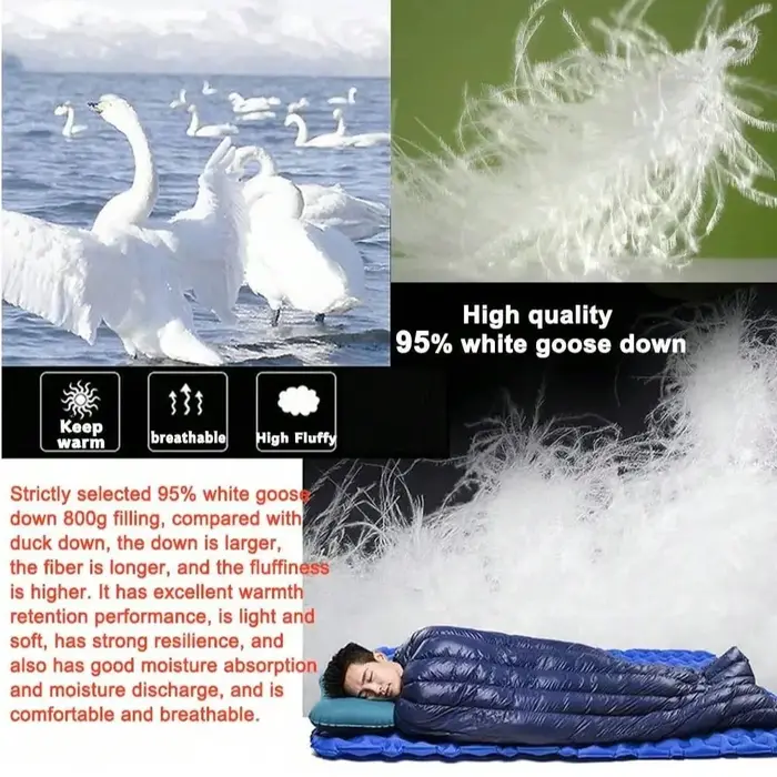 Sacs de couchage en duvet d'oie, sac de couchage ultra chaud de style enveloppe pour adultes en duvet d'oie blanc, équipement de camping portable épais résistant au froid pour l'extérieur
