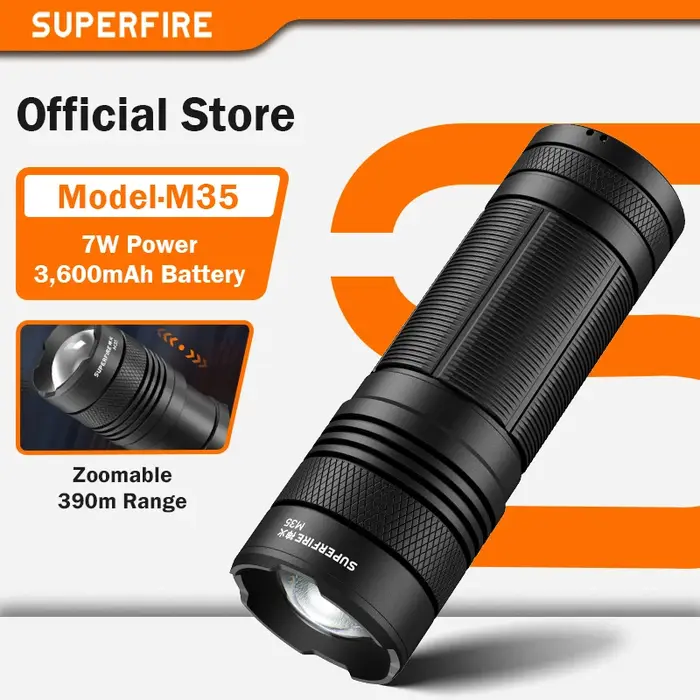 SUPERFIRE M35 7W lampe de poche LED puissante USB-C torche Rechargeable Zoomable lanterne de chasse étanche en alliage d'aluminium lampe à main