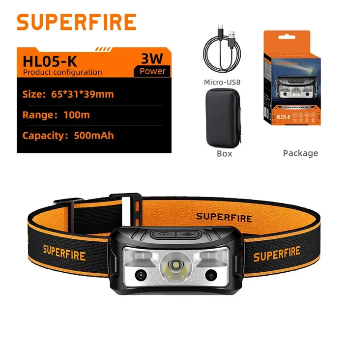 SUPERFIRE-Lampe de poche LED avec capteur de mouvement, 8 modes, lumière blanche/jaune/rouge, pour sauna de camping