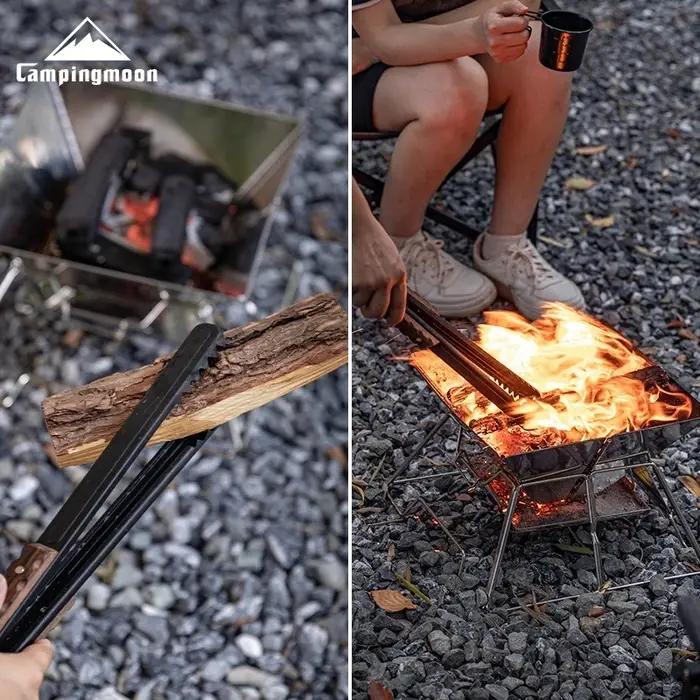 CAMPINGMOON BKMS-41 Pince à charbon multifonctionnelle en acier inoxydable avec poignée en bois massif anti-brûlure pour barbecue