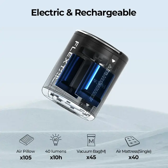 FLEXTAIL TINY PUMP 2X - Pompe à air portable 4 kPa avec lumière de camping et batterie 1600 mAh, inf