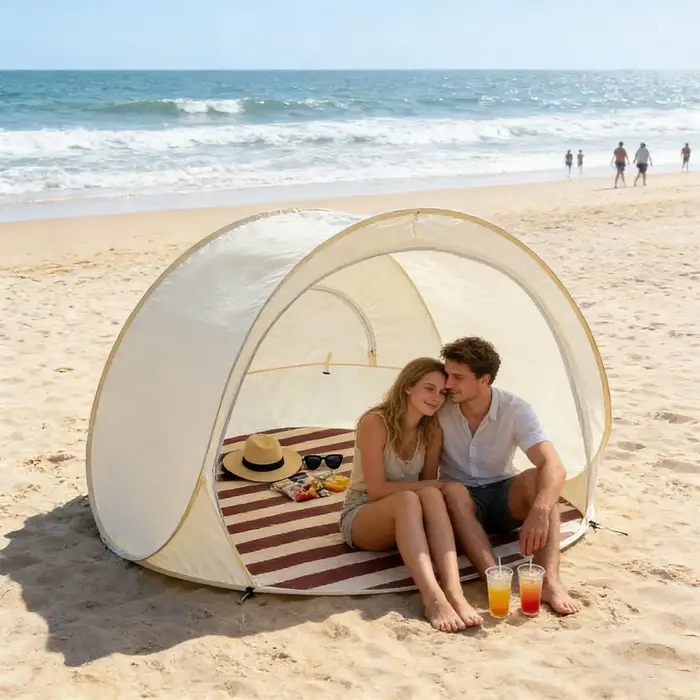 Tente de plage instantanée, abri solaire anti-UV, cabane de camping portable pour pique-nique en plein air avec fenêtres et piquets