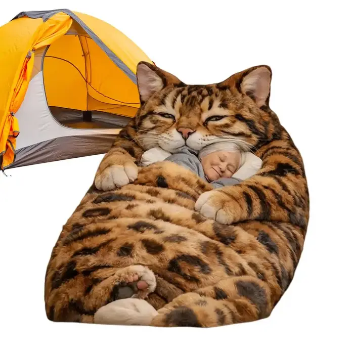 Sac de couchage de camping 175x80cm, lavable, drôle, doux, en forme de chat, chaud, pour intérieur, 