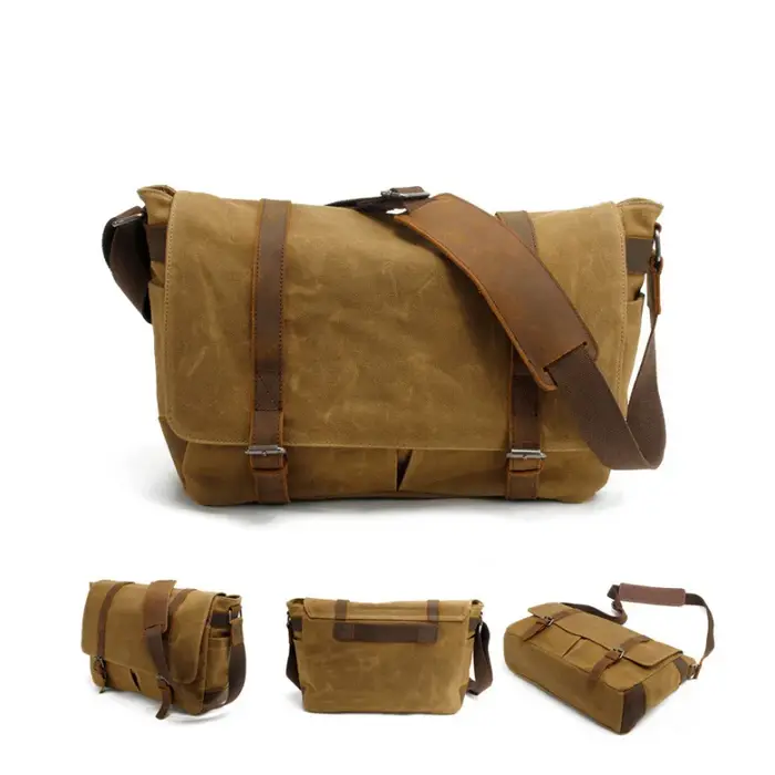 Sac pour homme - Sac pour appareil photo - Sac à bandoulière décontracté - Toile batik avec cuir Crazy Horse - Sac