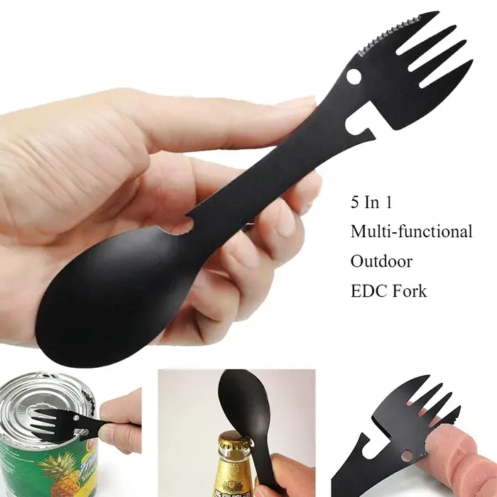 Outils de survie en plein air 5 en 1, Kit EDC multifonctionnel de Camping, fourchette pratique, couteau, cuillère, ouvre-bouteille/boîte