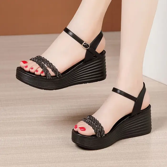 Sandales compensées élégantes à plateforme pour femme, taille 33-43, avec cristaux dorés, pour maria