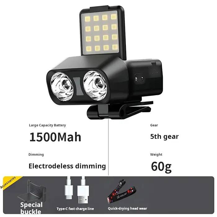 Lampe Frontale Extérieure Ultralégère 60g | 1000LM Luminosité Max, 5 Modes & 3 Sources Lumineuses | 