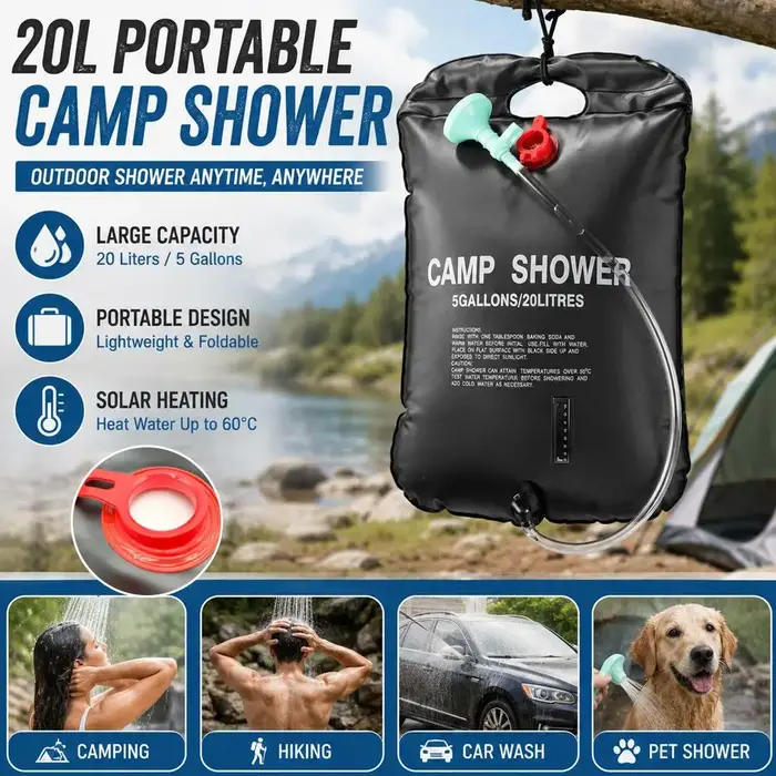 Sac de douche solaire 20L, portable et pliable, avec tuyau et pulvérisateur pour le camping, le bain des animaux, les voyages et les activités de plein air