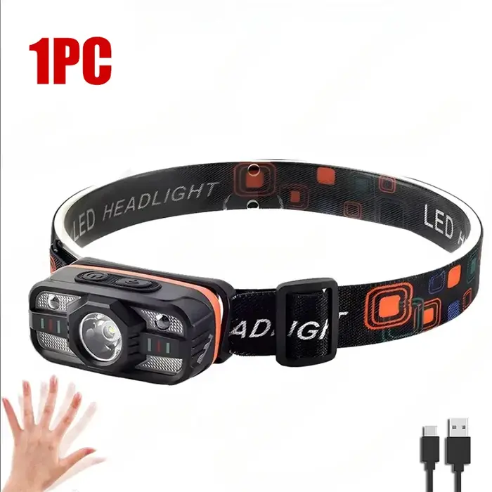Lampe frontale LED Rechargeable par USB, 6 Modes d'éclairage, Portable, avec batterie intégrée, torc