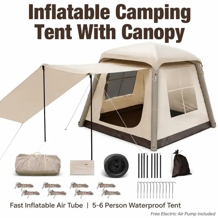 Tente gonflable portable pour le camping en plein air, tente à air imperméable et résistante au vent, tente familiale à installation rapide avec pompe à air