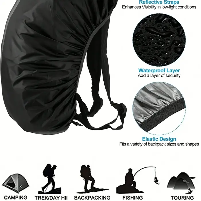 Housse de pluie pliable noire 20-70L pour sac à dos avec bandes réfléchissantes – Idéale pour la randonnée