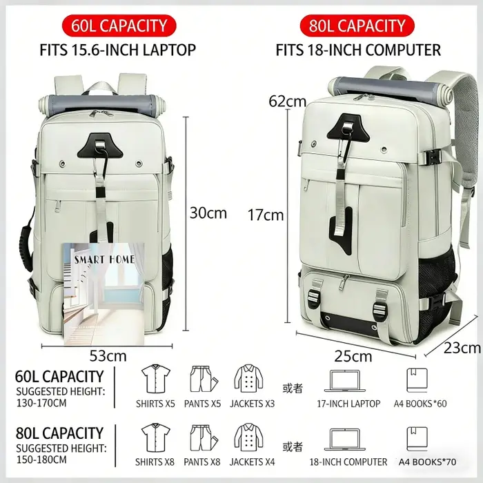 Sac de voyage extérieur 60-80L grande capacité, sac à dos multifonctionnel étanche pour ordinateur portable 18 pouces, sacs de randonnée extérieurs