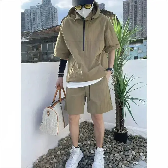 Ensemble de style cargo d'été pour hommes, sweat à capuche décontracté, t-shirt à manches courtes, s