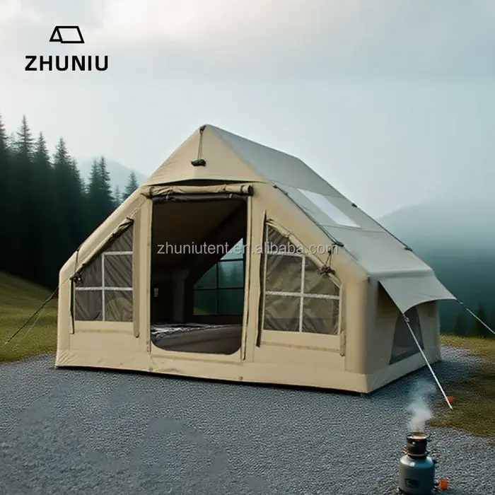 Tente de camping gonflable, tente pneumatique en toile de coton technique de 12,6 m² avec auvent éte