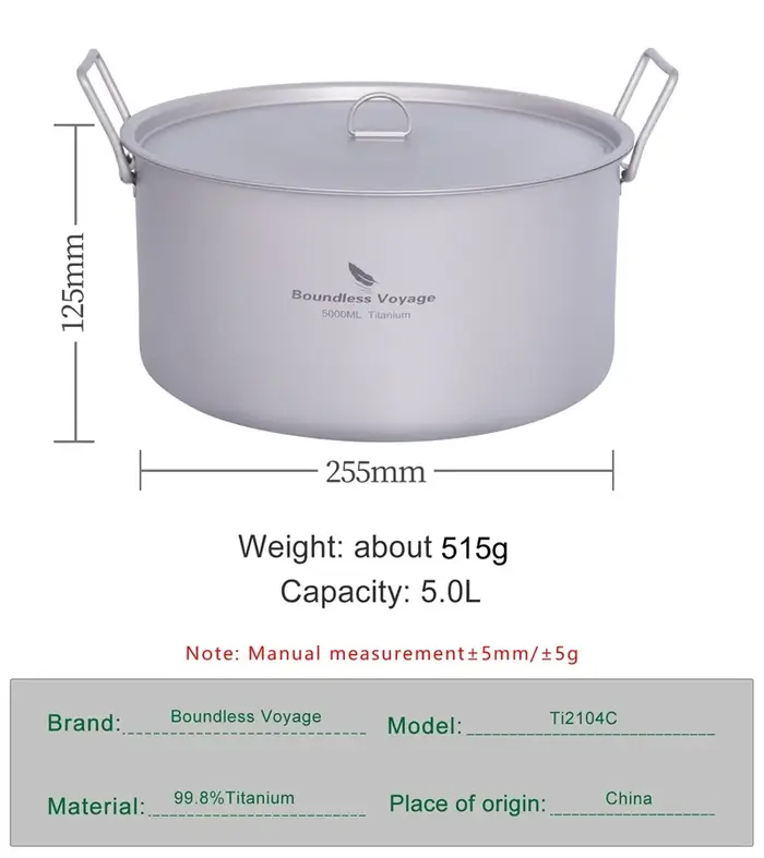Boundless Voyage Camping en plein air Marmite 5 L Titane