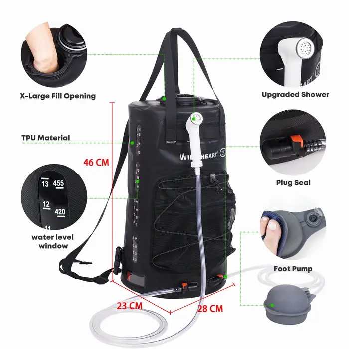 WILD HEART Sac de douche de camping portable avec pompe à pied et tuyau, douche solaire, sac à dos d