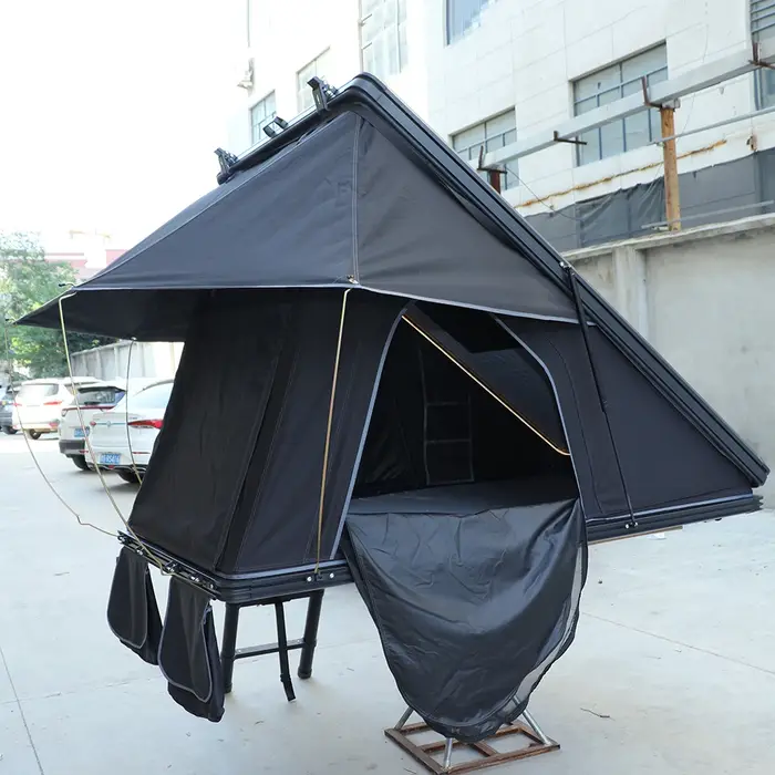 Tente de camping triangulaire en aluminium pour 4 personnes, tente de toit à coque rigide noire, tente de toit de voiture
