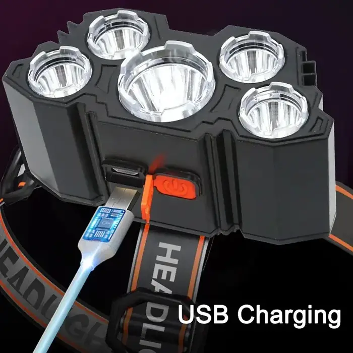 Lampe frontale rechargeable à 5 LED, lumière forte, batterie 18650 intégrée pour Camping, aventure, pêche, mise au point réglable, tête étanche