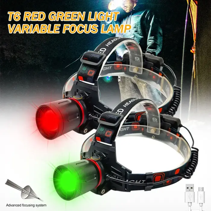 E2 vert/rouge/UV Led lampe frontale Zoomable lampe frontale torche 4 Modes phare USB charge pêche ch