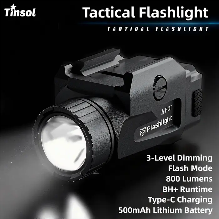 TINSOL 800LM Lampe tactique puissante 4 modes Rechargeable par USB Démontage rapide Pistolet de poing Tir en plein air Montage sur rail Picatinny