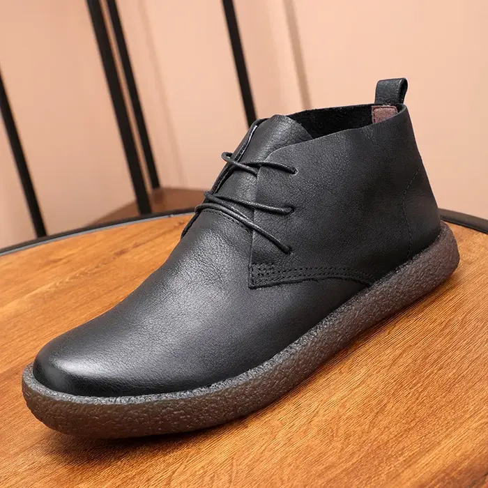 Baskets de marche décontractées à cheville haute pour hommes, couche supérieure en cuir de vache souple, semelle TPR, Botas courtes de printemps, chaussures de camping en plein air