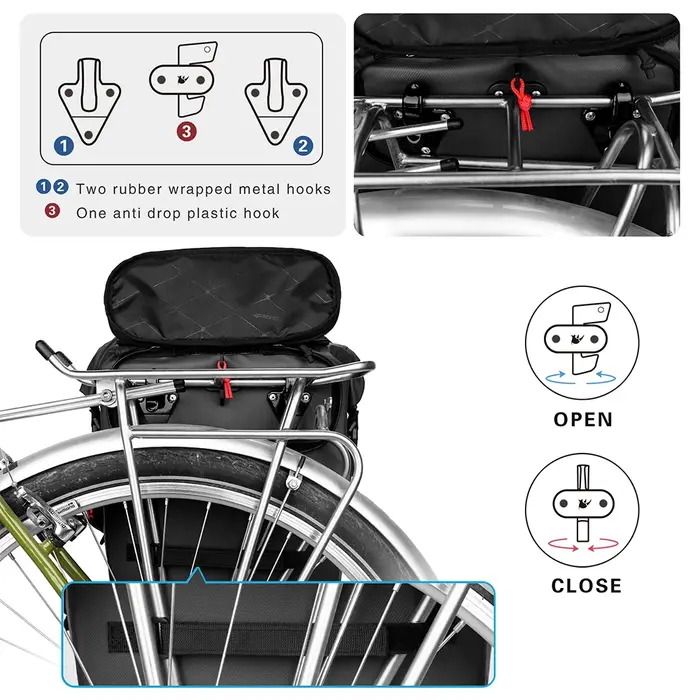 Sacoche de vélo Rhinowalk 20L, imperméable, pour porte-bagages arrière, noire, sac de voyage pour cyclisme, sac à bandoulière, sac à dos, sac de rangement latéral pour vélo