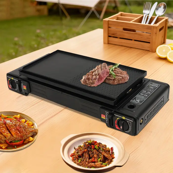 Réchaud de camping portable à 2 brûleurs, réchaud à gaz butane/GPL à allumage automatique de 2,5 kW 
