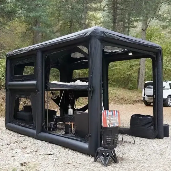 Tente de camping extérieure gonflable noire de cloison de 2 chambres avec la poêle