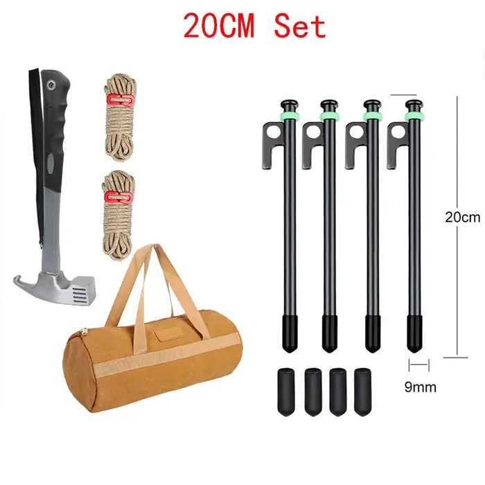Piquets de tente robustes et jeu de marteau, piquets de tente en acier + sac de rangement + cercle e