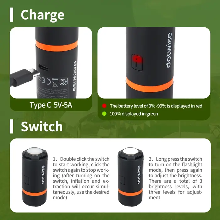 DOTWISE – Mini pompe de gonflage Portable d'extérieur, avec lumière de Camping, 5 buses, adaptée aux