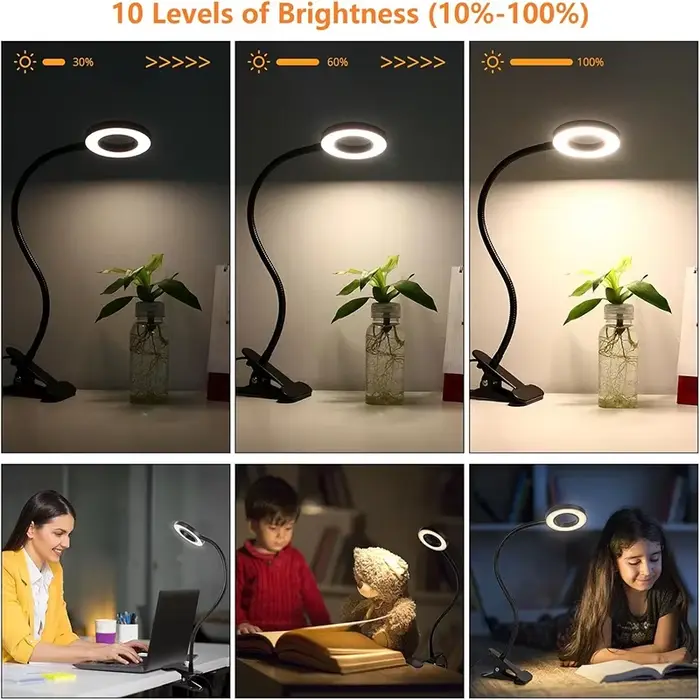 Lampe à pince, 3 couleurs + 10 niveaux de luminosité