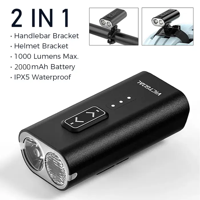 VICTGOAL Feu de vélo 1000 lumens étanche pour casque de vélo, phare de guidon, lampe de poche LED Ty
