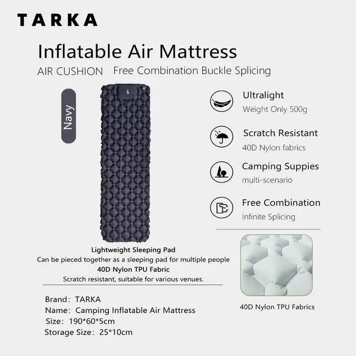 TARKA Matelas gonflable ultraléger 1 pièce, tapis de camping et de randonnée, coussin d'air innovant pour le sommeil, matelas pneumatique sans oreiller pour tente
