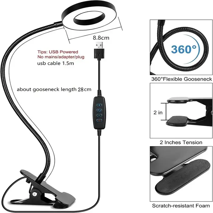 Lampe à pince, 3 couleurs + 10 niveaux de luminosité