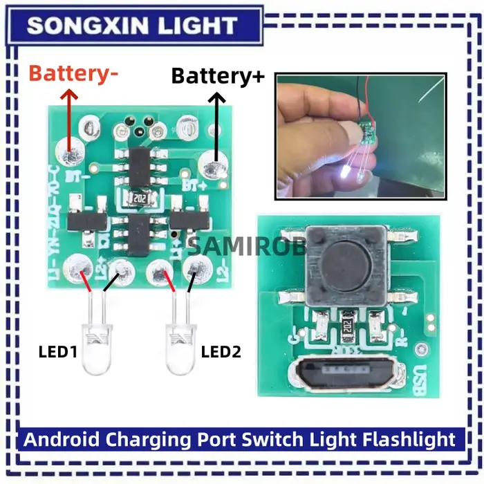 SAMIROB – lampe de poche à lumière forte, accessoires Android Micro/type-c, port de chargement, inte