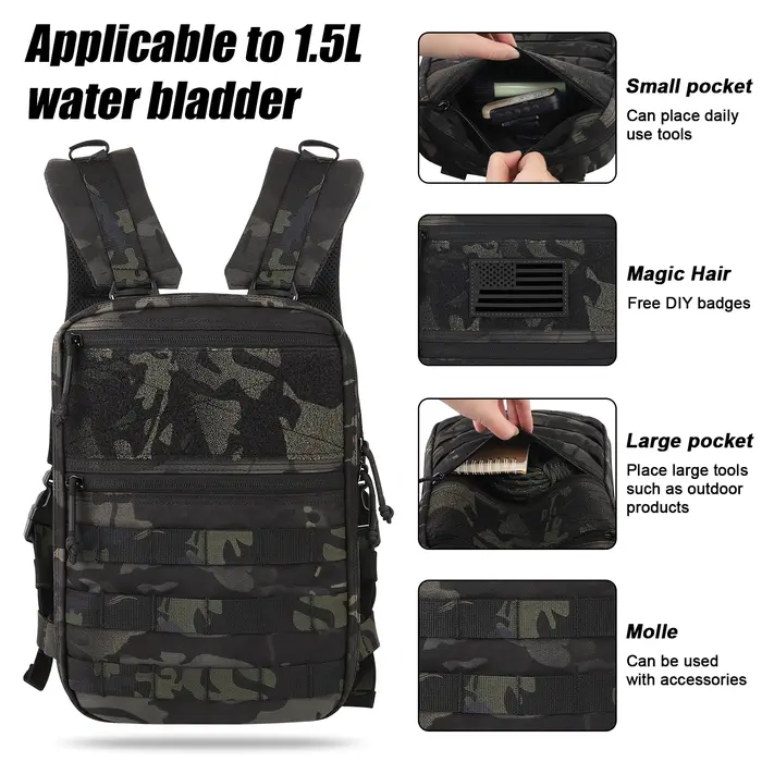 Sac à dos d'hydratation tactique KRYDEX 1,5 L, poche à eau de 50 oz, sac de transport, accessoires de randonnée et de voyage en plein air