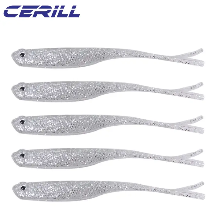 Cerill 5 pièces 13 cm Shiner 3D yeux doux leurre de pêche fourche queue artificielle ver appât lueur