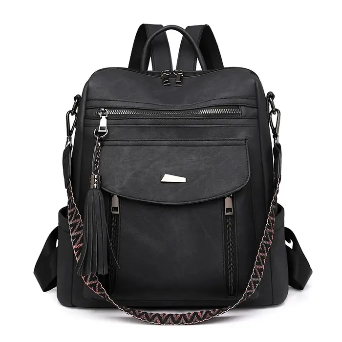 Sac à dos en cuir PU pour femmes, étanche, antivol, grande capacité, détail pompon, rétro, voyage, a