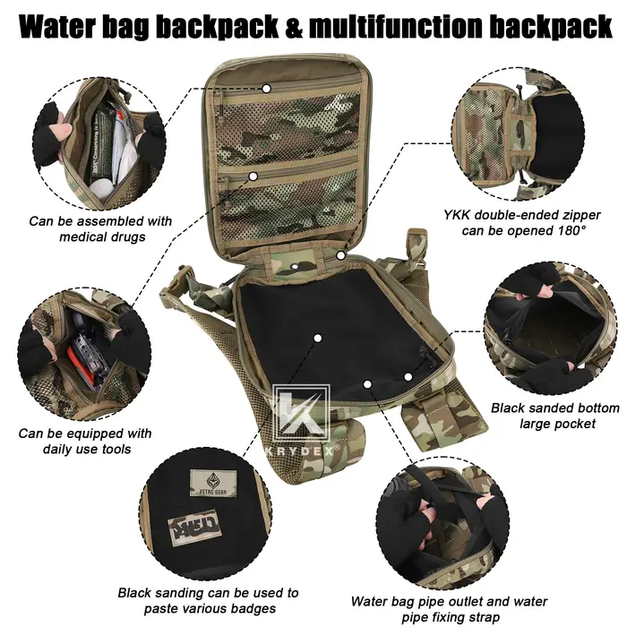 Sac à dos d'hydratation tactique KRYDEX 500D 50 oz, poche modulaire, poche à eau de 1,5 L, sac à dos pour la chasse, la randonnée en plein air, accessoires