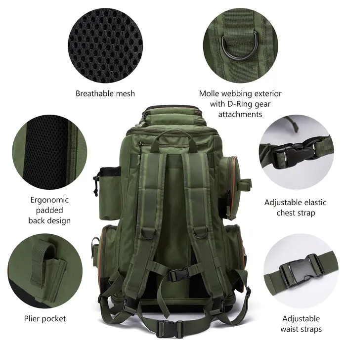 Bassdash-Sac à dos vert armée avec housse de protection contre la pluie, matériel de pêche lancé SD2