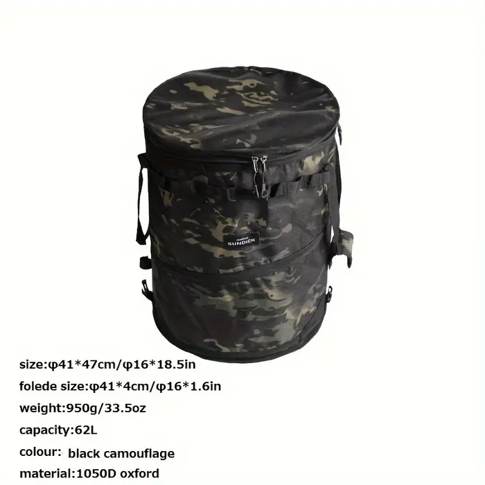 Seau de rangement pliable 62L pour le camping, sac organisateur d'équipement extérieur robuste, poub